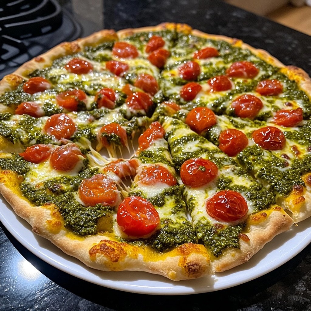 Pizza mit Pesto und Kirschtomaten